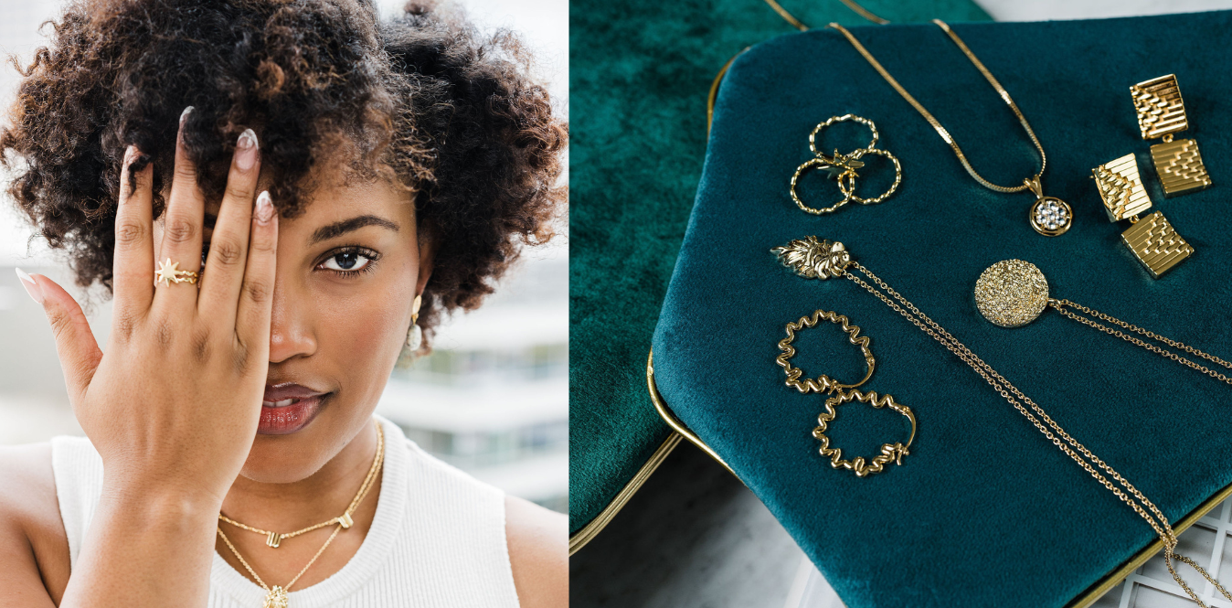 Woman wearing gold jewelry and close-up of gold jewelry on a teal surface.